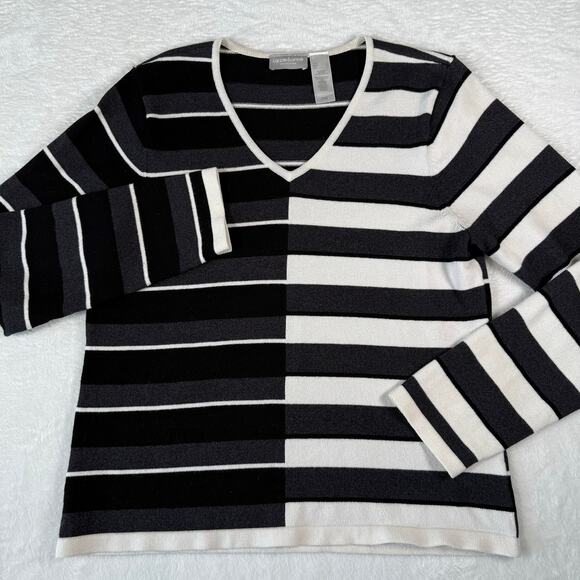 Vintage Liz Claiborne Black and White Striped V-Neck Sweater Large - Picture 3 of 8